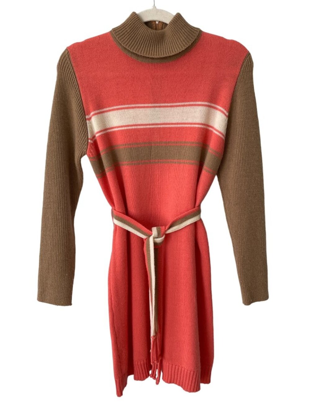 Vintage 60s Dress Size Large 40 Joyce Wool Knit Belted Sweater Colorblock Coral